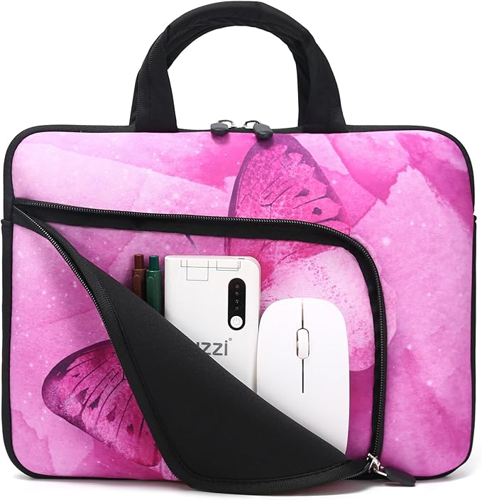 11.6 12 12.5 inch Laptop Sleeve Chromebook Case Ultrabook Case Notebook Sleeve Tablet Case Neoprene Handle Sleeve for Men Women, Two Pockets Fit Apple MacBook Air Samsung Acer HP DELL (Pink Butterfly)
