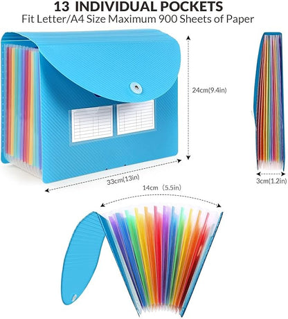 SKYDUE File Organizer, 12 Pockets Accordian File Organizer, Letter Size Expanding File Folder with Colored Tabs and Expandable Cover Portable Bill Receipt Organizer Blue