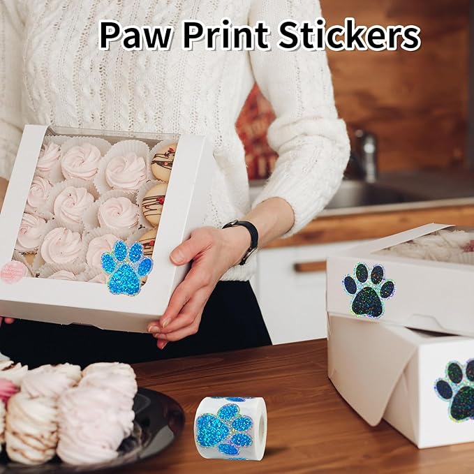 2 Inch Paw Stickers,300Pcs Sparkle Black Paw Stickers,Self-Adhesive Holographic Shiny Bear Paw Stickers Roll for Kids Birthday Decor Envelopes Seals Cards Gift Wrap