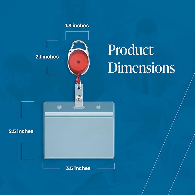 Will Well ID Badge Holders with Clip and Keyring - Horizontal Clear Plastic 3.7" x 2.5" Sleeves Fit Up to 3 Cards - Retractable 24" UHMWPE Fiber Pull Cords - 2-Pack, Transparent Red Reels