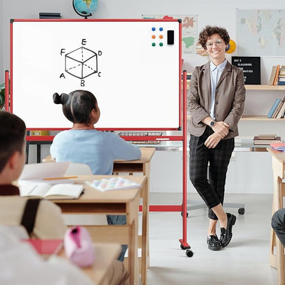 Rolling Whiteboard, 48x32 Inches Dry Erase Board with Stand, Magnetic Mobile Whiteboard on Wheels, Standing White Board for Office, School, Home, Large Double Sided White Board with Paper Pad