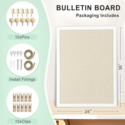 DOLLAR BOSS Cork Board Bulletin Board with Linen Double-Sided 36" x 24" Linen Corkboards for Walls Picture Display Vision Board for Office Home School Framed Picture Pin Board, 20 Pushpins 10 Clips