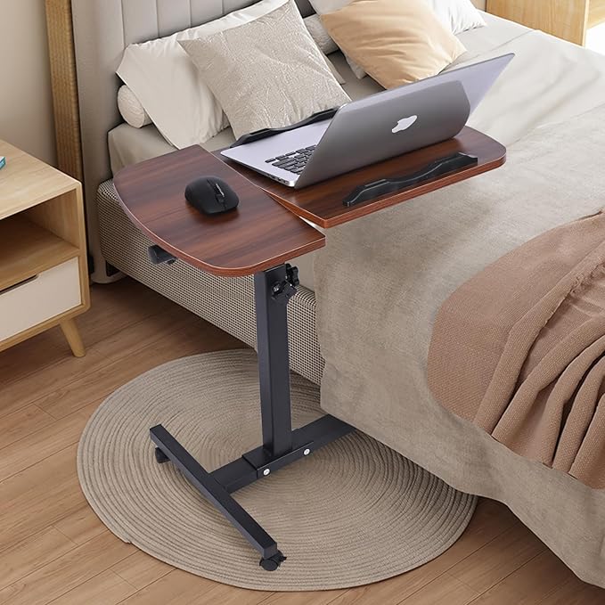 Multifunctional Height Adjustable Table with Wheels | Ultimate Single Workstation, Study Desk, Bedside Table, Recliner Tray Table, Presentation Cart and Laptop Stand | Tilting Tops (Walnut Black)