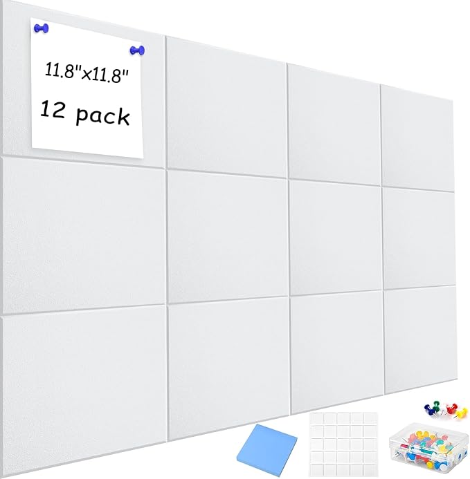 Large Cork Board Alternative for Walls, 47"x35" 12 Pack Felt Wall Tiles Bulletin Board with 30 Push Pins, Sticky Notes, Cork Boards for Office Pin Board Tack Board Felt Boards (White)