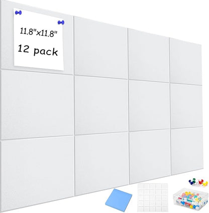 Large Cork Board Alternative for Walls, 47"x35" 12 Pack Felt Wall Tiles Bulletin Board with 30 Push Pins, Sticky Notes, Cork Boards for Office Pin Board Tack Board Felt Boards (White)