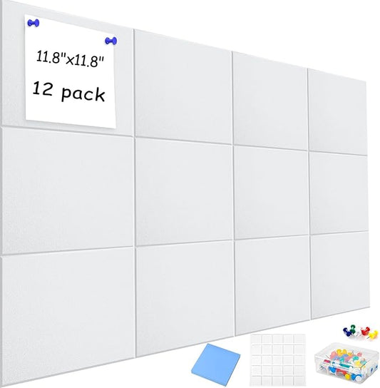 Large Cork Board Alternative for Walls, 47"x35" 12 Pack Felt Wall Tiles Bulletin Board with 30 Push Pins, Sticky Notes, Cork Boards for Office Pin Board Tack Board Felt Boards (White)