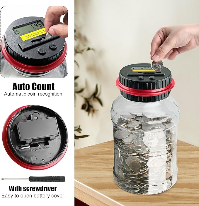 Coin Bank for Adults, QPEY Piggy Bank Coin Jar with LCD Counter Change Counter for Counting Money, Change Bank Designed for All US Coins (Red)