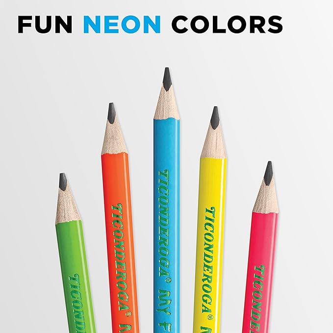 Ticonderoga My First Tri-Write Wood-Cased Pencils, Pre-Sharpened, 2 HB, With Erasers, Neon Colors, 12 Count