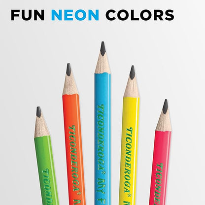Ticonderoga My First Tri-Write Wood-Cased Pencils, Pre-Sharpened, 2 HB, With Erasers, Neon Colors, 12 Count