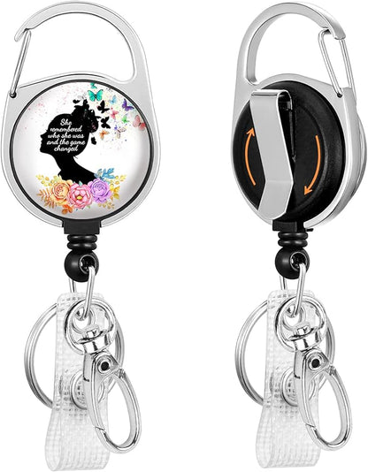 Inspirational Quote Badge Reel Retractable Heavy Duty with 360°Swivel Carabiner Clip, Cute Flower Butterfly ID Badge Holder, Nurse Doctor ID Card Holder Retractable Keychain Name Badge Clip