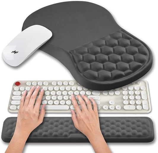 Hokafenle 2 in 1 Ergonomic Mouse Pad Wrist Support & Wrist Rest for Computer Keyboard Set, with Relieve Carpal Tunnel Pain Massage Bulge and Full Memory Gel Design (2In1 Set, Dark Gray)