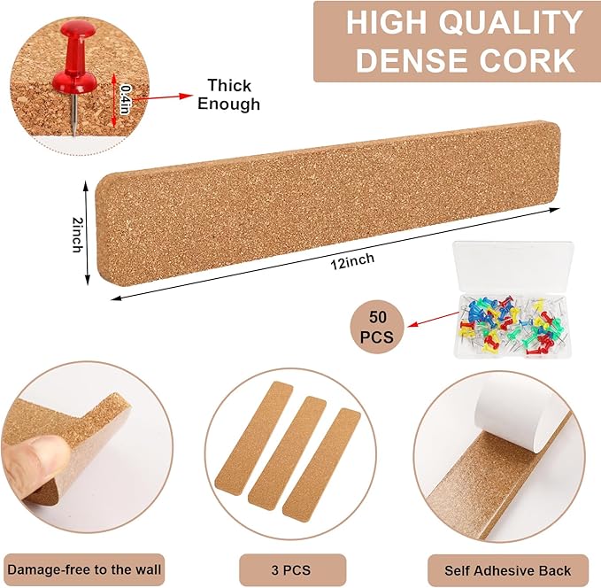 FEBSNOW Cork Board Strips, 3 Pack Cork Strips for Walls 15x2 Inch Small Cork Boards for Walls Self Adhesive with 50 Push Pins