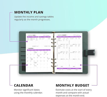 Budget Planner 12 Months Undated A5 Binder Pu Leather Hard Cover, Erasable Pen, Bill Organizer, Money Envelopes for Cash 12pcs Transparent Bags, Budget Binder with Silver Rings, Ideal Book Organizer