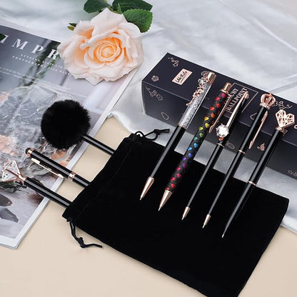WEMATE 8Pcs Ballpoint Pens Set Metal Crystal Diamond Pen Glitter Pen for Journaling Black Pen Bling in Black & Blue Ink Pretty Cute Pens Fancy Pens Gifts for Women Wedding School Office Desk(Black)