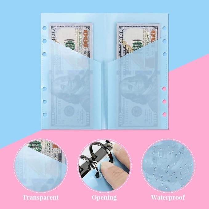 A6 Binder Pockets with No Zipper, Koqye Blue 10 Pcs Plastic Zipless Budget Envelopes, Two Pockets Frosted Cash Envelopes Money Bag for Budgeting, Cash Stuffing (Light Blue)