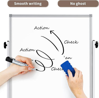 Double Sided Cork Board White Board, 32 x 48 inches Large Cork Board for Office, Height Adjustable Magnetic Dry Erase Board on Wheels, Portable Freestanding Natural Corkboard for Displaying, Planning