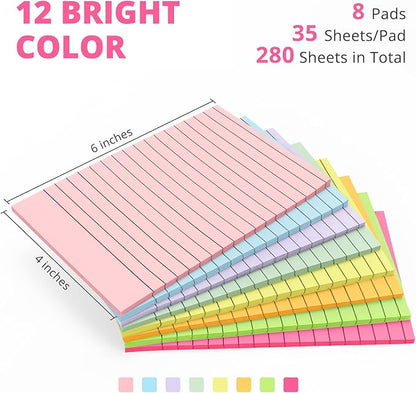 Lined Sticky Notes, 8 Pads, 4x6 inches Bright Sticky Note Pads with Lines, Colorful Self-Stick Note Pads, Perfect for Office Home School Desk Accessories, 35 Sheets/pad - Vibrant Colors