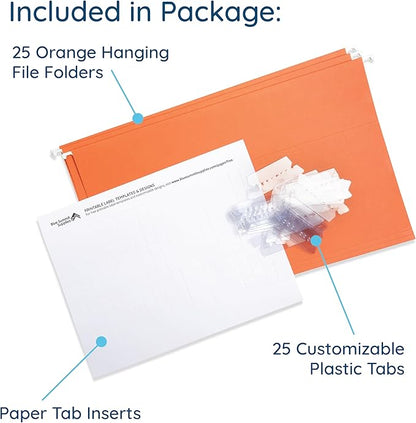 25 Blue Summit Supplies Legal Size Hanging Orange File Folders with Plastic Tabs and Inserts, 11pt Durable Paper, Legal Size File Folders for Office Organization