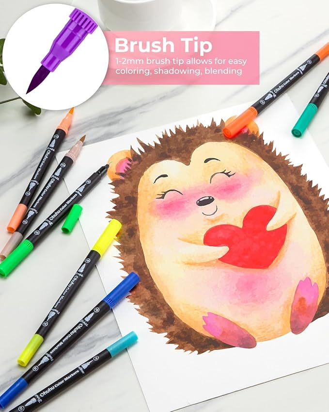 Ohuhu Markers for Adult Coloring Books No bleeding 100 Colors Coloring Markers Water-based Dual Tips Fineliner & Brush Drawing Pens Art Markers for Kids Adults Sketch Journal - Maui - Black