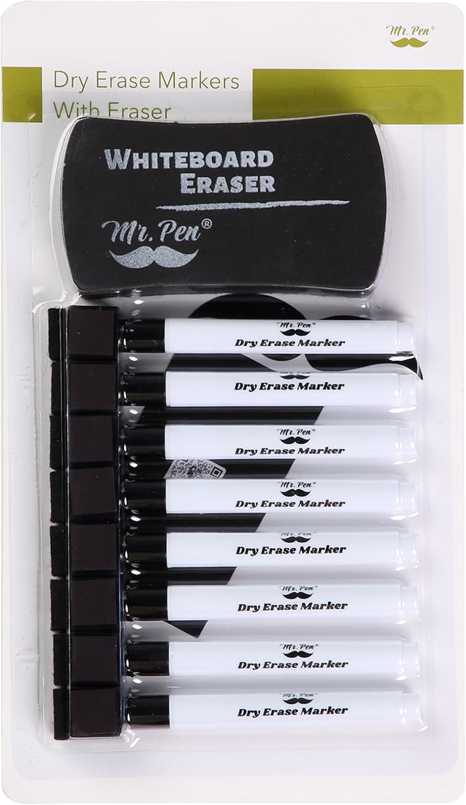 Mr. Pen- Magnetic Dry Erase Markers, 8 Pack with 1 Dry Erase Eraser, Black Dry Erase Markers Magnetic, Dry Erase Markers with Magnet, Dry Erase Magnetic Markers, Dry Erase Pens Fine Tip Dry Erase