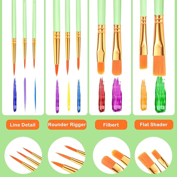 ESRICH Paint Brushes Set,10 Packs 100 Pcs Acrylic Paint Brush Set,St. Patrick's Party Acrylic Oil Watercolor, Face Nail Art, Miniature Detailing,Rock Painting,Painting Artist Professional Kits(Green)