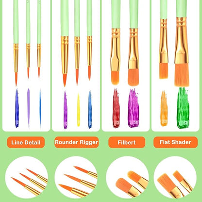 ESRICH Paint Brushes Set,10 Packs 100 Pcs Acrylic Paint Brush Set,St. Patrick's Party Acrylic Oil Watercolor, Face Nail Art, Miniature Detailing,Rock Painting,Painting Artist Professional Kits(Green)