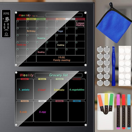 Fridge Calendar Meal Planning Board, Dry Erase Acrylic Magnetic Monthly Weekly Calendar Planner for Refrigerator with 6 Colors Markers (Black-Weekly+Monthly(15.7x11.8))