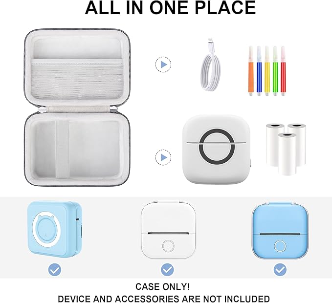 Hard Travel Case for Cabaro Mini Printer Sticker Thermal Printer, Bluetooth Portable Phone Printer Storage Holder Protection Case with Zipper Mesh Pocket fit Rolls Paper, Charging Cable, Grey