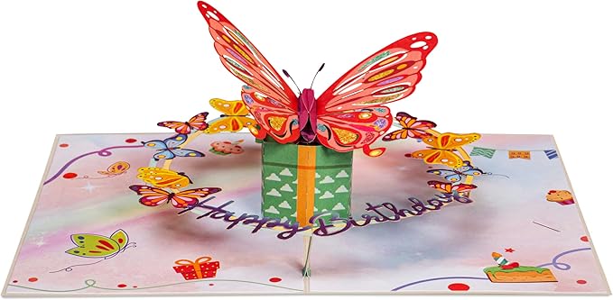 Paper Love 3D Pop Up Birthday Card, Butterfly, For Adults and Kids - 5"x7" Cover - Includes Envelope and Note Tag