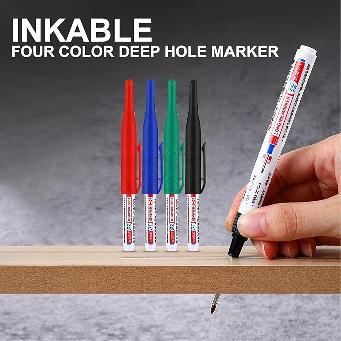 4 Pcs Multi Purpose Deep Hole Marker Pens,Long Nib Head Marker Waterproof Colorful Carpenter Pen for Bathroom Woodworking Decoration,Red Black Blue Green Ink Permanent Markers Marker Pens (Black)
