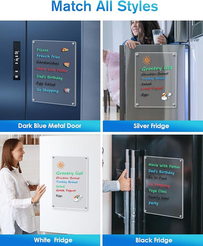 MaxGear 11"x14" Acrylic Dry Erase Board, Small Clear Magnetic Fridge WhiteBoard Mini Acrylic Memo Notepad for Refridgerator, Kitchen Menu Board Meal Planner Schedule Board, Include 4 Markers, 1 Cloth