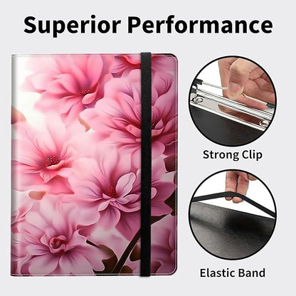 Padfolio Folder with Clipboard,Portfolios Organizer Clipboards with Storage Clipboard Writing Pad PU Leather Conference Document Organizer with Business Card Holder,Pink Flowers