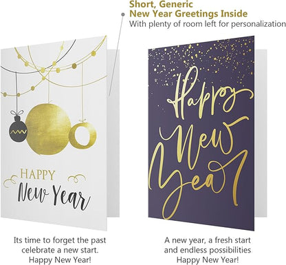 Dessie Boxed Happy New Year Cards - 30 Luxurious Large 5x7 inch Greeting Cards in Vibrant Colors with Gold Foil Accents, Short Greetings Inside. Includes 32 White Envelopes and Sturdy Storage Box