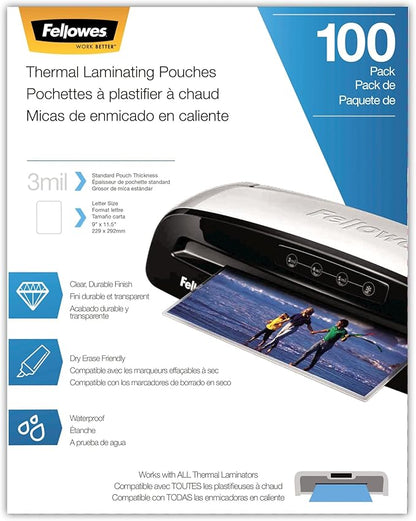 Fellowes Thermal Laminating Pouches/Sheets, Letter Size 9 x 11.5-Inches, 3 mil, 100 Pack (5743301)