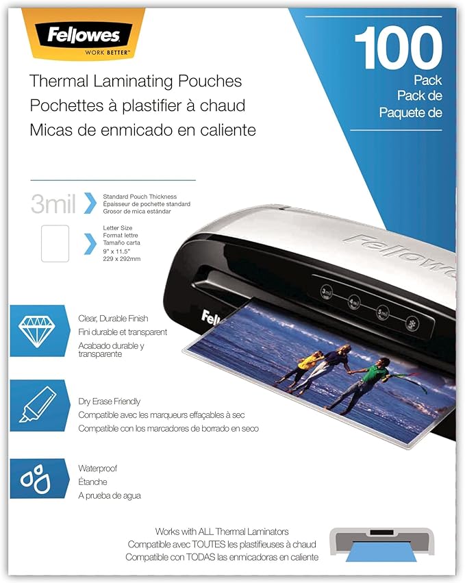 Fellowes Thermal Laminating Pouches/Sheets, Letter Size 9 x 11.5-Inches, 3 mil, 100 Pack (5743301)