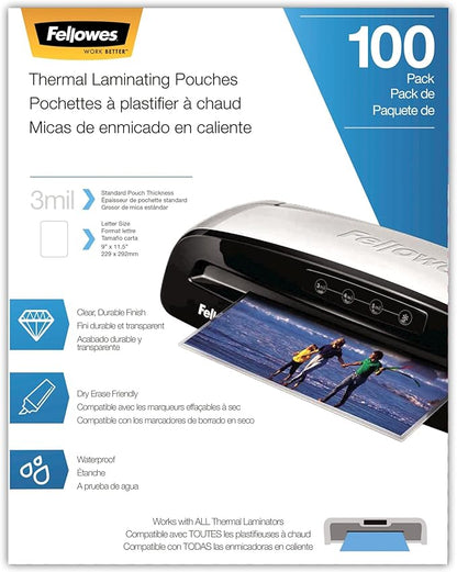 Fellowes Thermal Laminating Pouches/Sheets, Letter Size 9 x 11.5-Inches, 3 mil, 100 Pack (5743301)