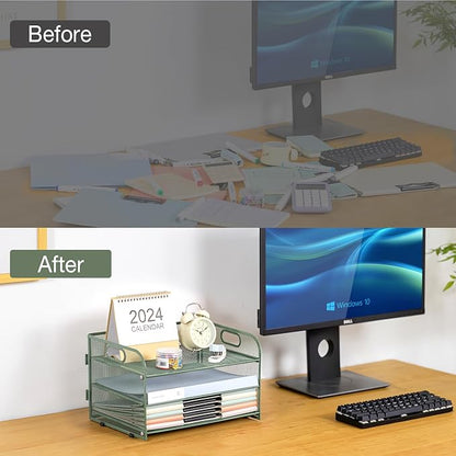 3-Tier Letter Tray Paper Organizer with Handle,Compact Mesh Desk File Organizer for Home Office Supplies Desktop Accessories,Green