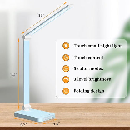 LED Desk Lamp with USB Ports,Touch Desk Lamps for Home Office with 5 Color Modes,3 Brightness Desk Light with Small Night Light,Reading Lamp Table Lamp for Bedroom Bedside Study Blue （with adapter）