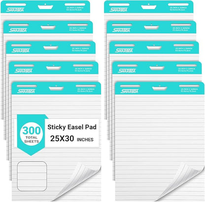 Lined Sticky Easel Pad, 25 in x 30 in,Flip Chart Paper,Sticky Chart Paper for Teachers, Large Self-Stick Easel Paper,Super Sticky & Bleed-Resistant,30 Sheets/Pad,10 Pads
