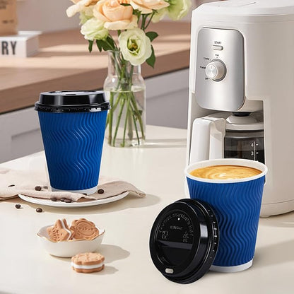 100 Pack Coffee Cups with Lids 12oz, Disposable Insulated Ripple Wall To Go Paper Coffee Cups for Hot/Cold Drinks Office Home Shop Event (Navy)