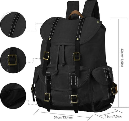 Backpack for Men Heavy Duty Waxed Canvas Vintage Women Trim Casual 15.6" laptop Travel Backpack-Black