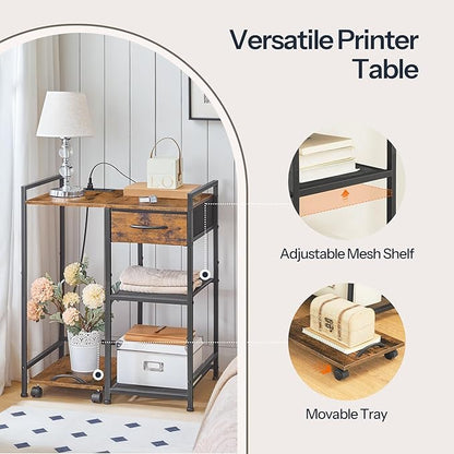 HOOBRO Printer Stand with Charging Station, Printer Shredder Stand with Fabric Drawer, Table for Fax Machine, Printer Storage Office Organizer, for Home Office, Rustic Brown and Black BF72UPS01