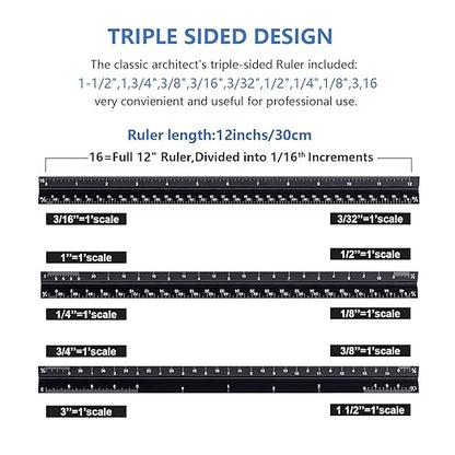 Architectural and Engineering Scale Ruler Set, Imperial Measurements 12'', Black Laser-Etched Aluminum Architect Triangular Ruler for Architects, Students, Draftsman, and Engineers