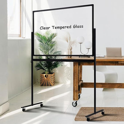 Mobile Clear Glass Whiteboard on Wheels - TANKEE 48" x 32" Dry Erase Board with Stand, Large Rolling White Board with 25 Sheets Paper Pad, Transparent Tempered Glass Board for Office Home School