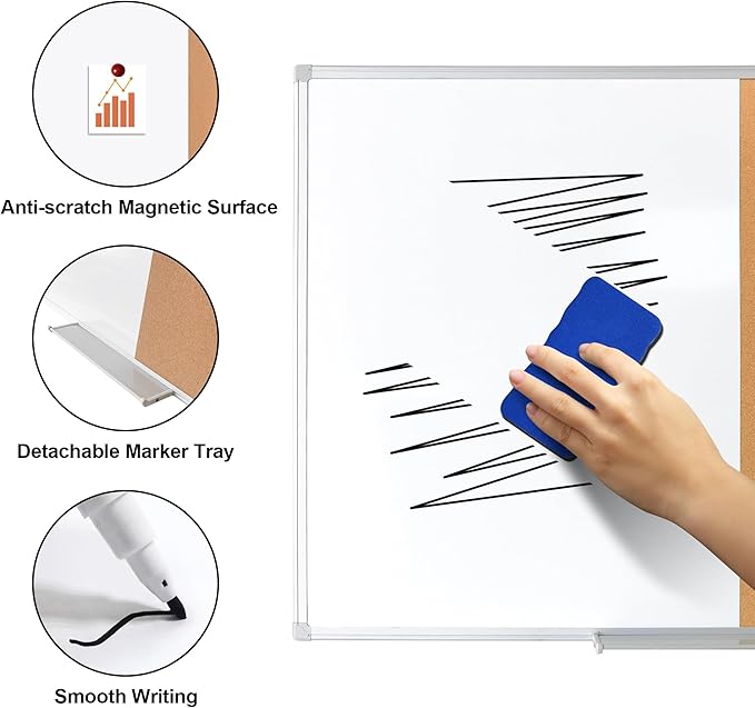 Cork Bulletin Board, 36 X 24 Inches White Magnetic Dry Erase Board, Large Wall Mounted Message Vision Notice Memo Pin Board for Office, Home and School
