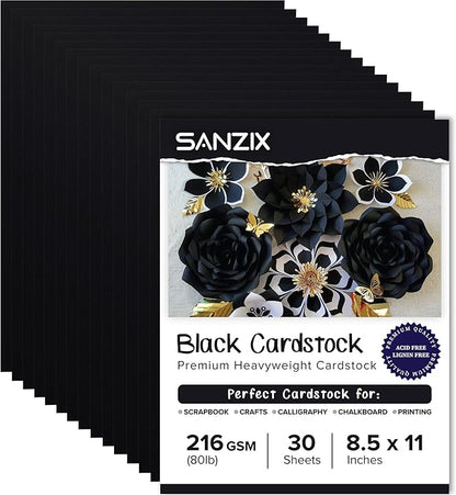 SANZIX 30 Sheets Black Cardstock Paper 8.5 x 11 80lb/216 GSM Heavyweight Printer Paper for DIY Cards, Scrapbook, Calligraphy & Crafts | Card Stock for Drawing, Invitations, Menus & Decorations