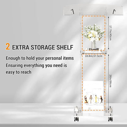 Acrylic Podium Stand，49“ Tall Portable Podium with Lockable Wheels, Clear lecterns & Podium with Storage Shelf for Classroom, Pulpit Podium for Church,Wedding,Presentation