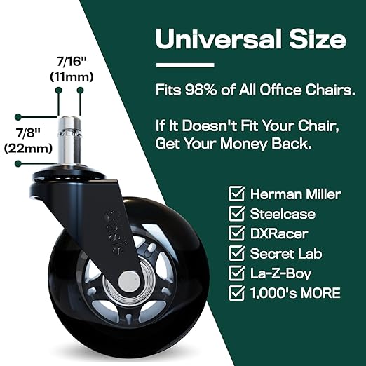 The Original Rollerblade Office Chair Wheels (As Seen On PBS) - Incredibly Smooth & Quiet Rolling Casters - Safe for Hardwood Floors & Carpet - Easy Installation with Universal Fit - Set of 5 - Black