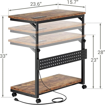 Computer Tower Stand with Power Strips, Height Adjustable PC Tower Stand/Cart with Wheels, Mobile Rolling CPU Holder, Computer Cart Side Stand for Computer Desk, 24", Rustic Brown