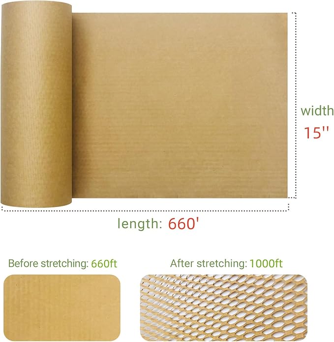 Dish Packing Kit Moving Supplies 15" *660' Honeycomb Wrapping Paper, Large Recyclable Expandable Bubble Cushion Wrap Roll Packing Material for Fragile Items Plate Glassware Bottle, 80GSM